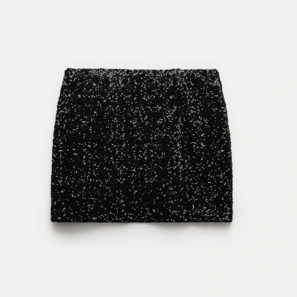 Zara Black Sequin Mini party Skirt mid waist Slit hem ZW Collection size S NWT - Picture 7 of 16
